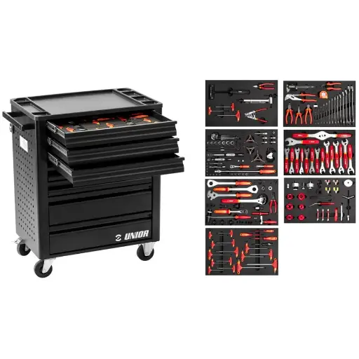 [13.BIKE.1600.N1.R] UNIOR BIKE - SET FIETSGEREEDSCHAP IN WERKWAGEN